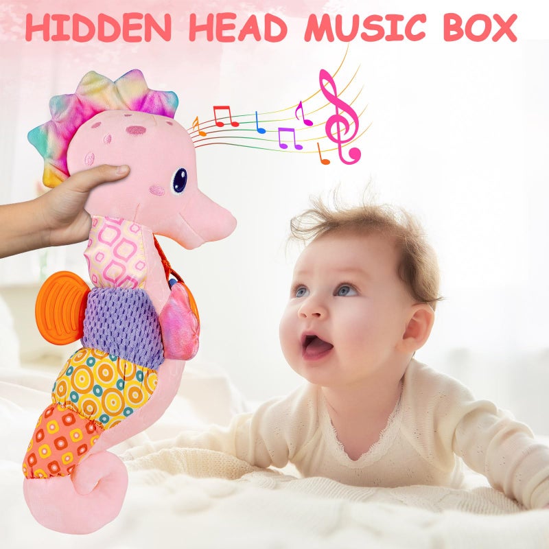 Fuzqq Baby Girl Toys 0-6 Months Musical Stuffed Animal Plush Toy with Rattle Soft Newborn Toy for 0 3 6 9 12 Months Girls Baby Girl Gift Pink - Image 3